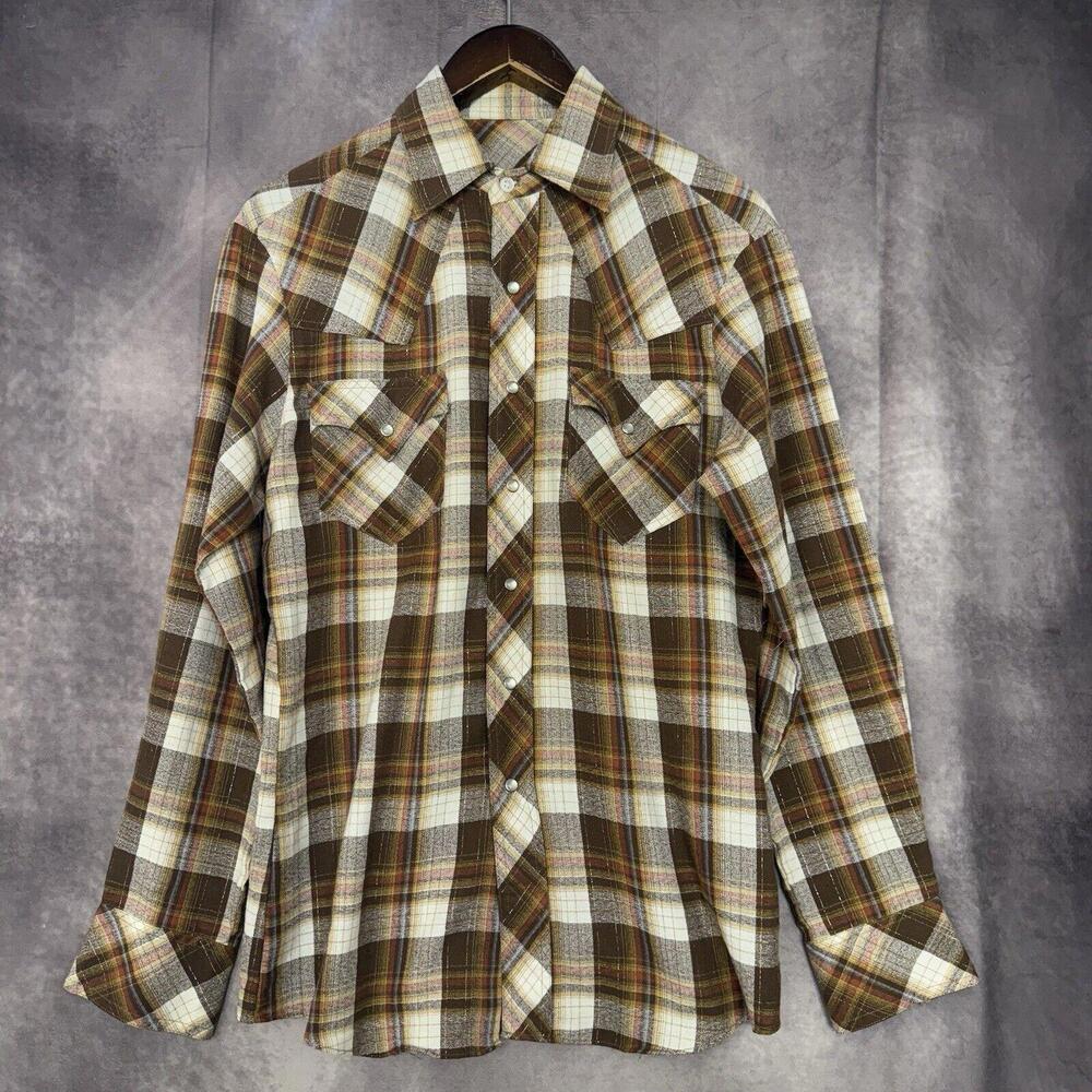 Vintage Western Shirt Men's Medium Plaid Pearl Snap‎ Yoke 1980s
